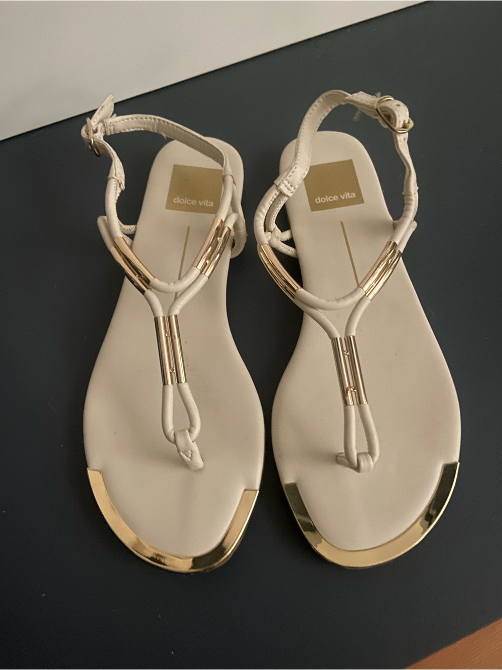 Dolce Vita Cream Sandal with Gold Accent T-Strap